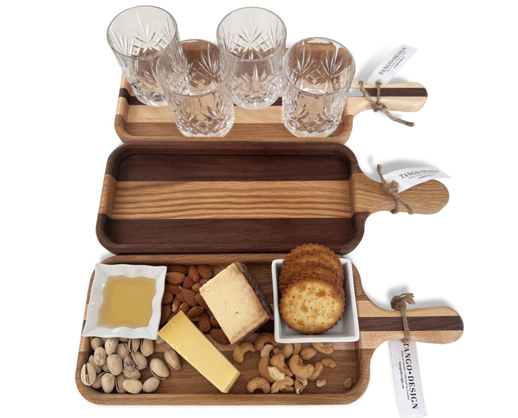 Mixed wood serving trays with charcuterie