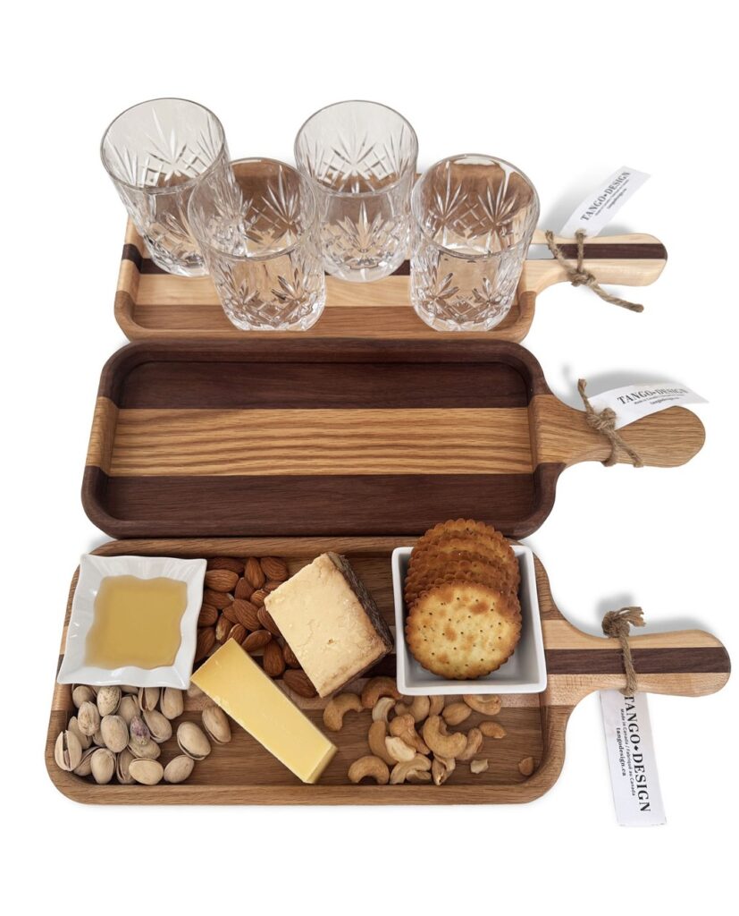 Mixed wood serving trays with charcuterie
